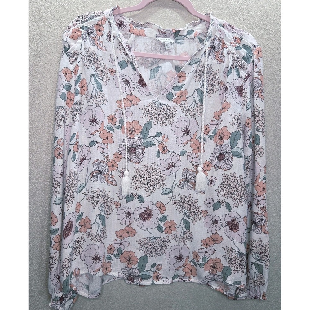 Lucky Brand Floral Peasant Blouse Medium Pink Green Boho Tassel Tie V-Neck...